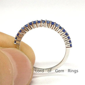Blue Sapphire Wedding Band Half Eternity Anniversary Ring 14K White Gold,Thin Design - Lord of Gem Rings - 2