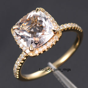 Reserved for asipony Cushion Morganite Engagement Ring Pave Diamond Wedding 14K Yellow Gold - Lord of Gem Rings - 1