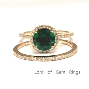 Round Emerald Engagement Ring Sets Pave Diamond Wedding 14k Rose Gold 7mm - Lord of Gem Rings - 1