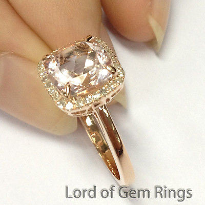 Cushion Morganite Engagement Ring Pave Diamond Halo 14K Rose Gold 8mm - Lord of Gem Rings - 4