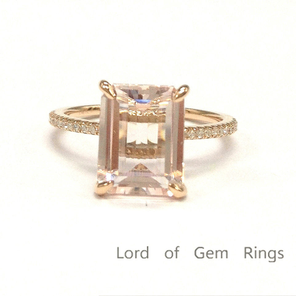 Emerald Cut Morganite Engagement  Ring Pave Diamond Wedding 14K Rose Gold 8x10mm - Lord of Gem Rings - 1