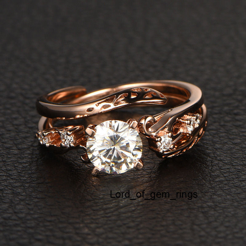 Round Moissanite Engagement Ring VS-H Diamond 14K Rose Gold 6.5mm Unique Band - Lord of Gem Rings - 1