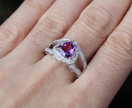 Trillion Amethyst Engagement Ring Pave Diamond Wedding 14k White Gold 8mm - Lord of Gem Rings - 1