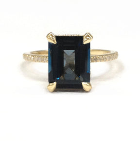 Emerald Cut London Blue Topaz Engagement Ring Pave Diamond Wedding 14K Yellow Gold 8x10mm - Lord of Gem Rings - 1