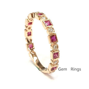 Princess Ruby Diamond Wedding Band 3/4 Eternity Anniversary Ring 14K Rose Gold - Lord of Gem Rings - 1
