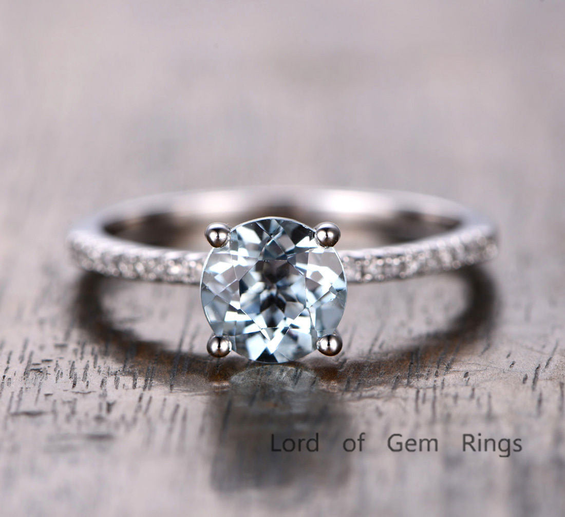 Round Aquamarine Engagement Ring Pave Diamond Wedding 14K White Gold 7mm - Lord of Gem Rings - 1