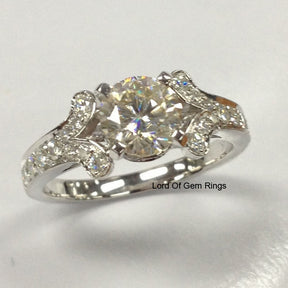 Round Moissanite Engagement Ring Pave Moissanite Diamond Wedding 14K White Gold 6.5mm - Lord of Gem Rings - 1
