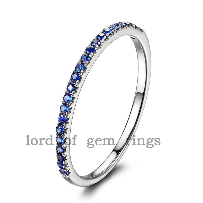 Pave Brilliant Blue Sapphire Wedding Band Half Eternity Anniversary Ring 14K White Gold - Lord of Gem Rings - 1