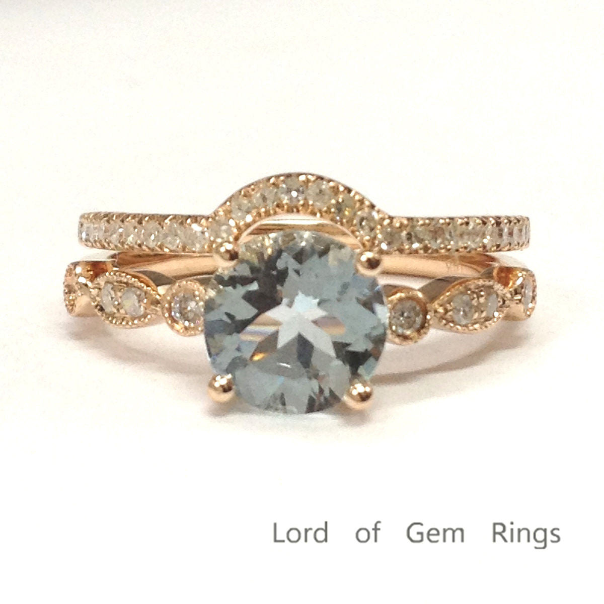 Round Aquamarine Engagement Ring Sets Pave Diamond  Wedding 14K Rose Gold 6.5mm - Lord of Gem Rings - 1