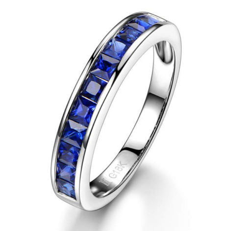 Princess Natural Blue Sapphire Wedding Band Half Eternity Anniversary Ring 18K White Gold Channel Set - Lord of Gem Rings - 1