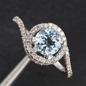 Round Aquamarine Engagement Ring Pave Diamond Wedding 14K White Gold 6mm  Claw Prong - Lord of Gem Rings - 1