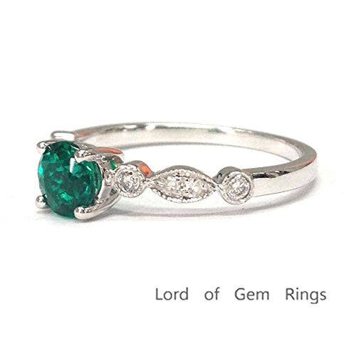 Round Emerald Engagement Ring Pave Diamond Wedding 14K White Gold,5mm,Art Deco Style - Lord of Gem Rings - 1