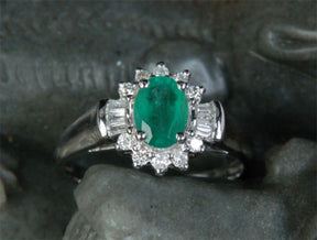 Oval Emerald Engagement Ring Baguette/Round Diamond Wedding 14K White Gold Flower - Lord of Gem Rings - 1