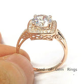 Round Moissanite Engagement Ring Pave Diamond Halo 14K Rose Gold,7mm - Lord of Gem Rings - 1