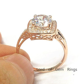Round Moissanite Engagement Ring Pave Diamond Halo 14K Rose Gold,7mm - Lord of Gem Rings - 1