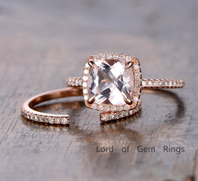 Cushion Morganite Engagement Ring Sets Pave Diamond Wedding 14K Rose Gold 8mm - Lord of Gem Rings - 1