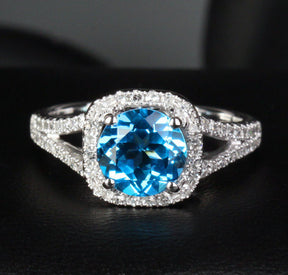 Round Blue Topaz Diamond Halo Split Shank Ring 14K White Gold