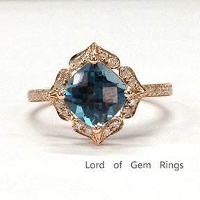 Cushion London Blue Topaz Engagement Ring Pave Diamond Wedding 14K Rose Gold,8mm,Floral Style - Lord of Gem Rings - 1