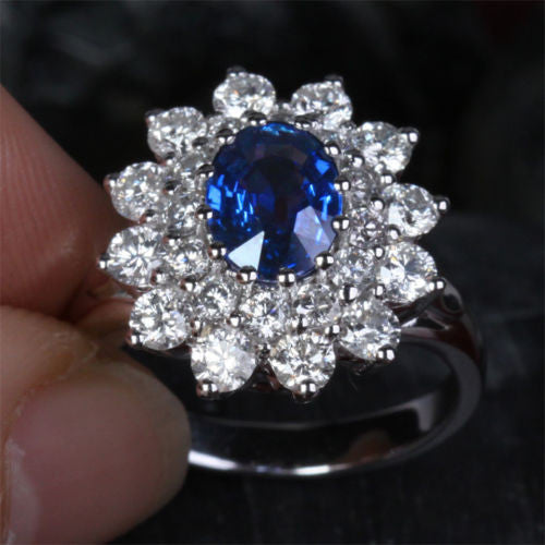 Oval Sapphire Engagement Ring VS Diamond Wedding 18k White Gold 3.62ct Flower - Lord of Gem Rings - 1
