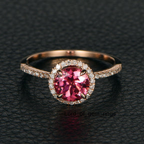 Round Pink Tourmaline Engagement Ring Pave Diamond Wedding 14K Rose Gold 7mm - Lord of Gem Rings - 1