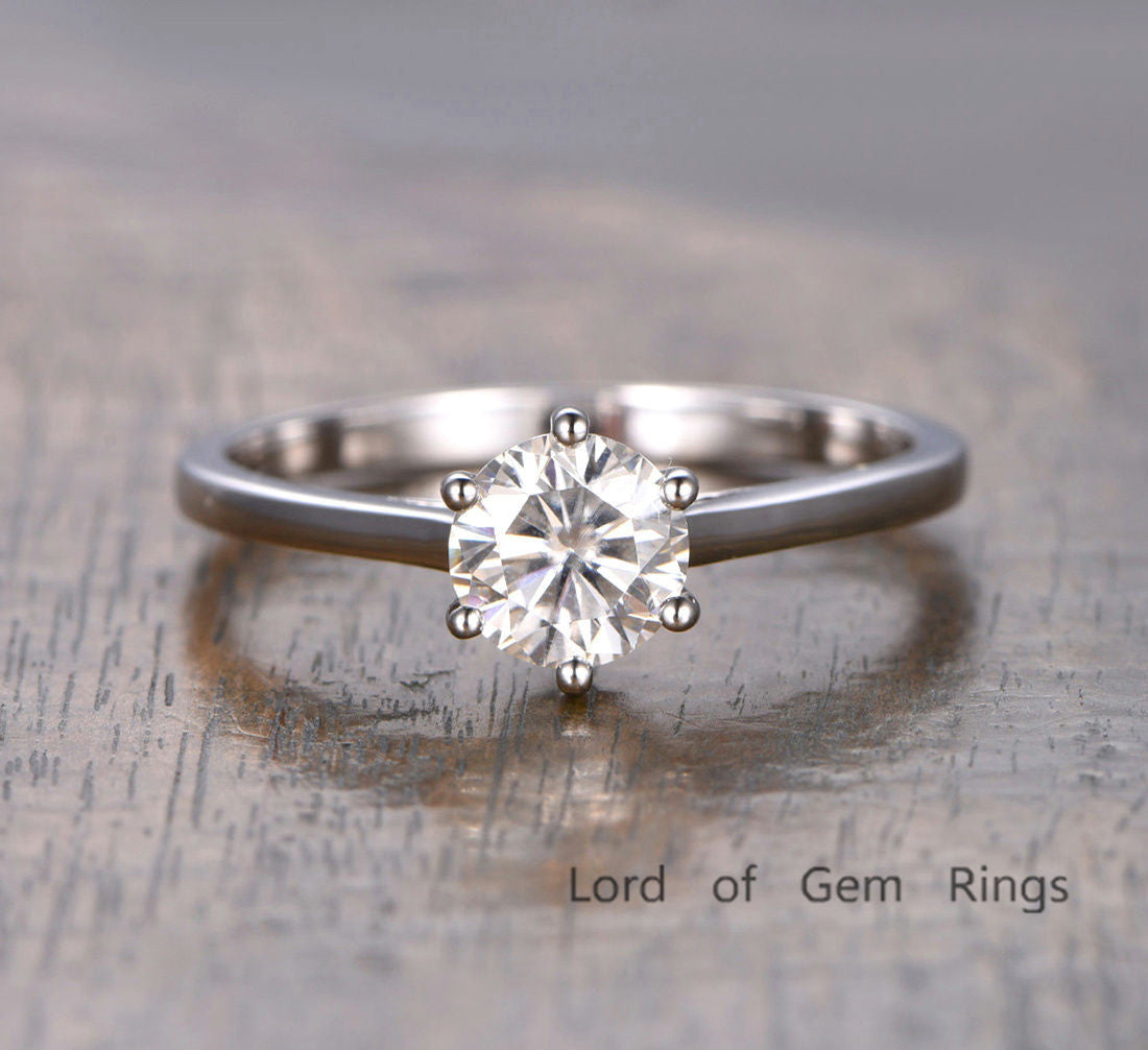 Round Moissanite Engagement Ring 14K White Gold 6.5mm Solitaire 6-Prongs - Lord of Gem Rings - 2