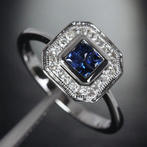 Princess Sapphire Engagement Ring Pave Diamond Wedding 14k White Gold 0.98ct Invisible Diamonds - Lord of Gem Rings - 1