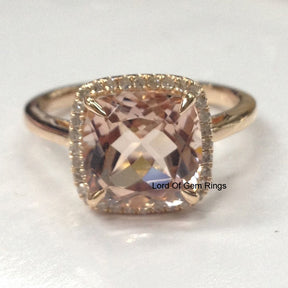 Cushion Morganite Engagement Ring Pave Diamond Halo 14K Rose Gold 9mm - Lord of Gem Rings - 2