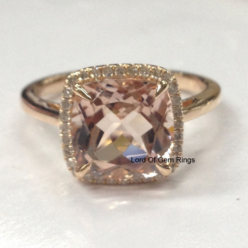 Cushion Morganite Engagement Ring Pave Diamond Halo 14K Rose Gold 9mm - Lord of Gem Rings - 2
