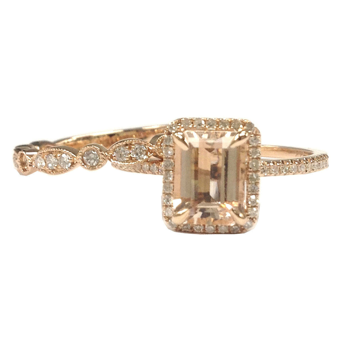 Emerald Cut Morganite Engagement Ring Sets Pave  Diamond Wedding 14K Rose Gold 6x8mm  Art Deco - Lord of Gem Rings - 1