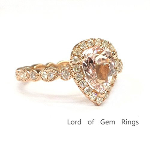 Pear Morganite Engagement Ring Pave Moissanite Wedding 14K Rose Gold,6x8mm,Art Deco Style,Eternity - Lord of Gem Rings - 1