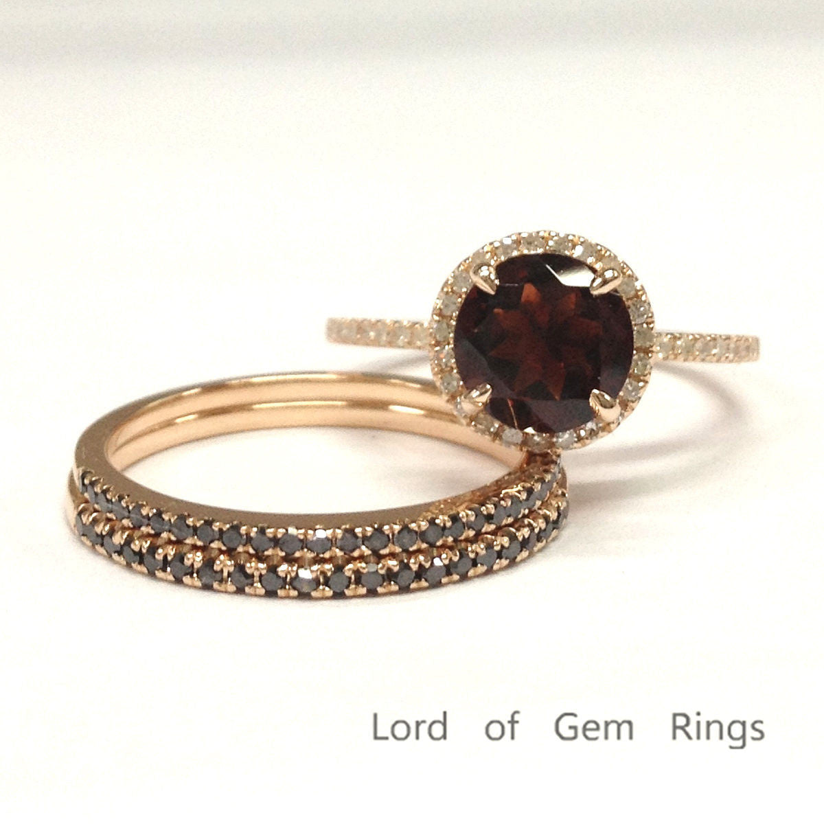 Round Garnet Engagement Ring Sets Pave Black Diamond Wedding Bands 14K Rose Gold 7mm - Lord of Gem Rings - 1
