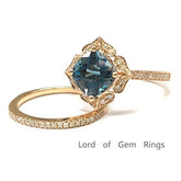 Cushion London Blue Topaz Engagement Ring Sets Pave Diamond Wedding 14K Rose Gold,8mm,Floral Unique - Lord of Gem Rings - 1