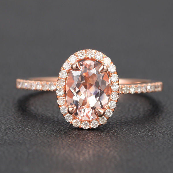 Oval Morganite Engagement Ring Pave Diamond Wedding 14K Rose Gold 6x8mm CLAW PRONGS - Lord of Gem Rings - 1