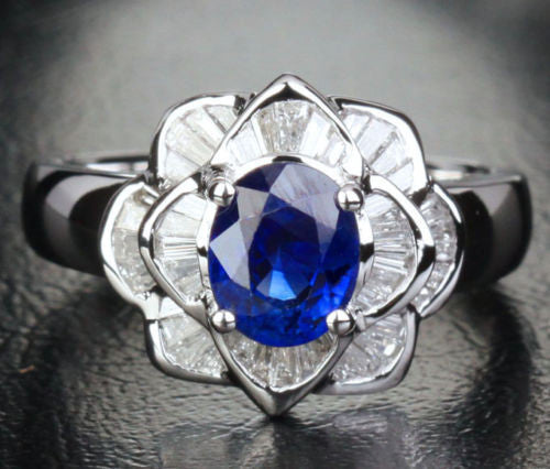 Sapphire Engagement Ring Baguette Diamond Wedding 14k White Gold 1.45ct  Flower - Lord of Gem Rings - 1