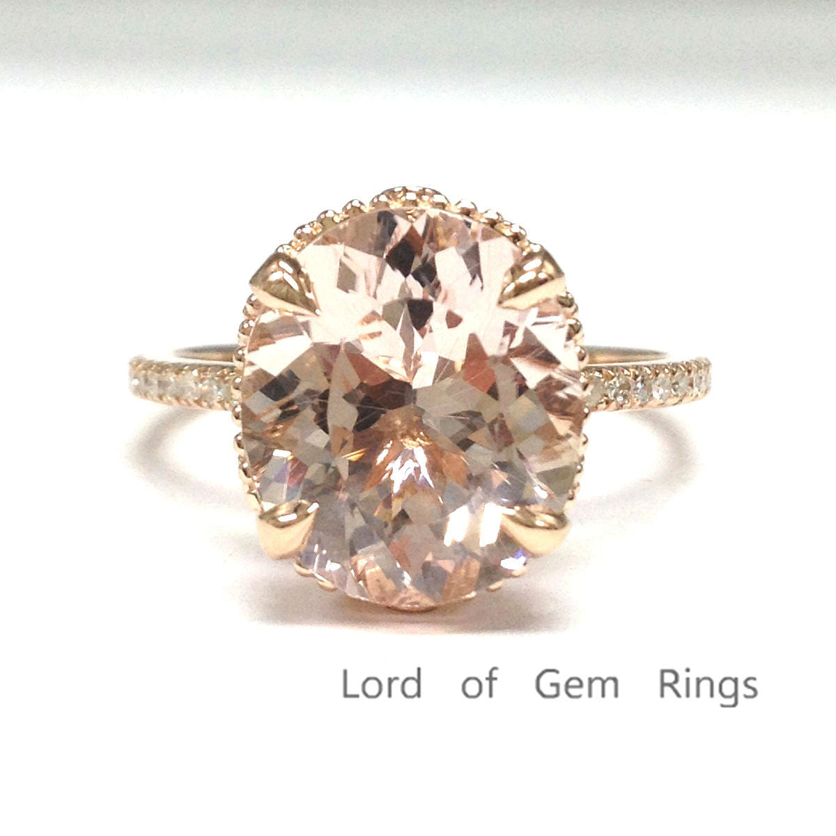 Oval Morganite Engagement Ring Pave Diamond Wedding 14K Rose Gold 10x12mm - Lord of Gem Rings - 1