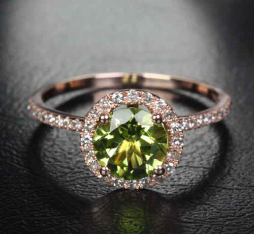 Round Peridot Engagement Ring Pave Diamond Wedding 14k Rose Gold 7mm - Lord of Gem Rings - 1