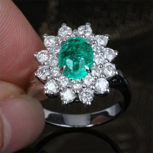 Oval Emerald Engagement Ring Diamond Wedding 14k White Gold Flower - Lord of Gem Rings - 1