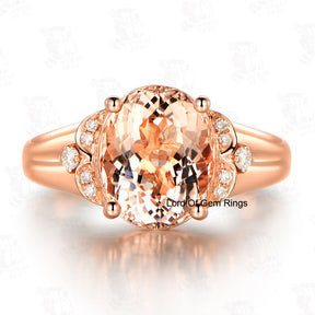 Oval Morganite Engagement Ring Diamond 14K Rose Gold 8x10mm  Floral - Lord of Gem Rings - 1