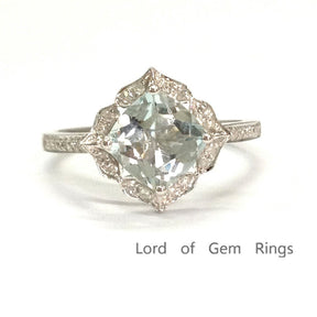 Cushion Aquamarine Engagement Ring Pave Diamond Wedding 14K White Gold 8mm Floral Halo - Lord of Gem Rings - 1