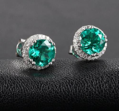 Reserved for Neil, replacement, Round Emerald Stud Earring Diamonds Halo - Lord of Gem Rings - 1