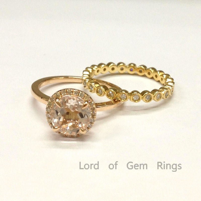 Round Morganite Engagement Ring Sets Pave Diamond Wedding 2-tone Gold 7mm Bezel Set Wedding Band - Lord of Gem Rings - 1