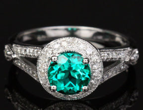 Round Emerald  Engagement Ring Pave Diamond Wedding 14K White Gold Milgrainin,Spilit Shank - Lord of Gem Rings - 1