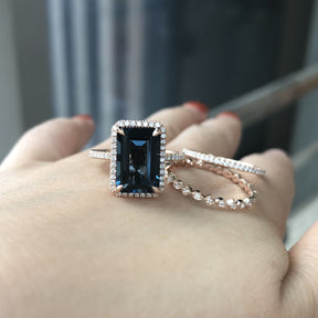 Reserved for Monica - Custom Elongated Emerald Cut London Blue Topaz Ring Trio Sets Pave Diamond Band 14K Rose Gold, 8x12mm