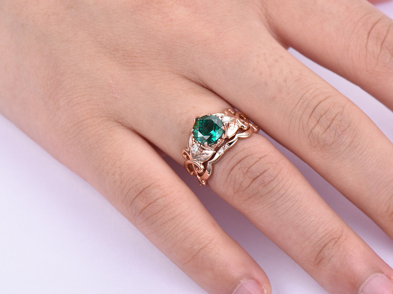 Round Emerald Diamond Floral Shank Ring Bridal Set 14k Rose Gold