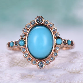 Reserved for Winter Custom oval cabochon turquoise Cathedral Ring 14K Rose Gold Art Nouveau 7x9mm