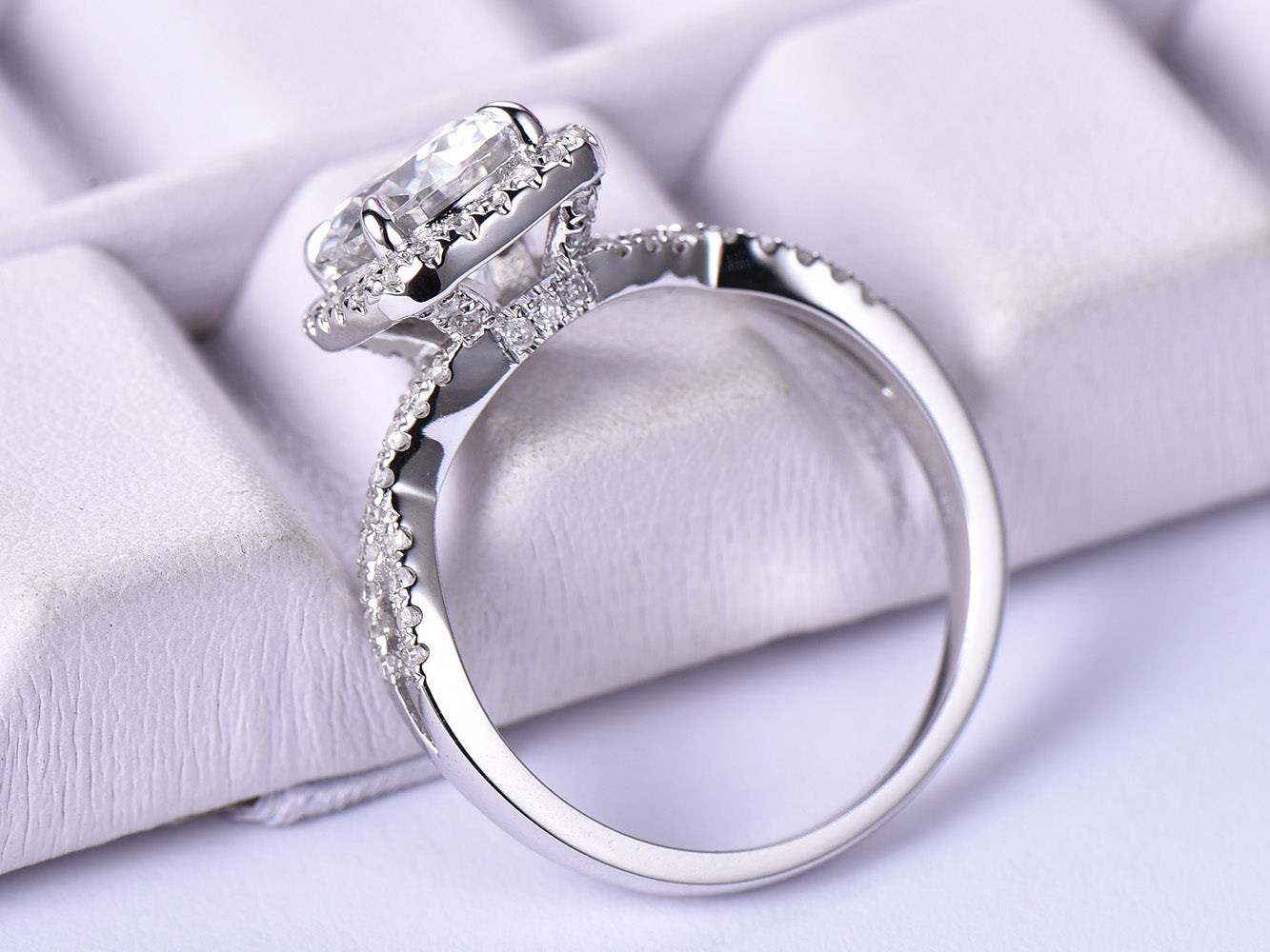 Round Moissanite Engagement Ring Criss Cross Diamond Shank