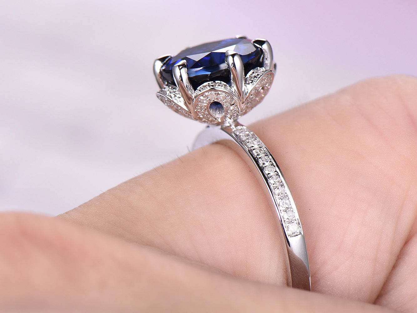 Round Sapphire Diamond Petal Halo Engagement Ring 14K White Gold