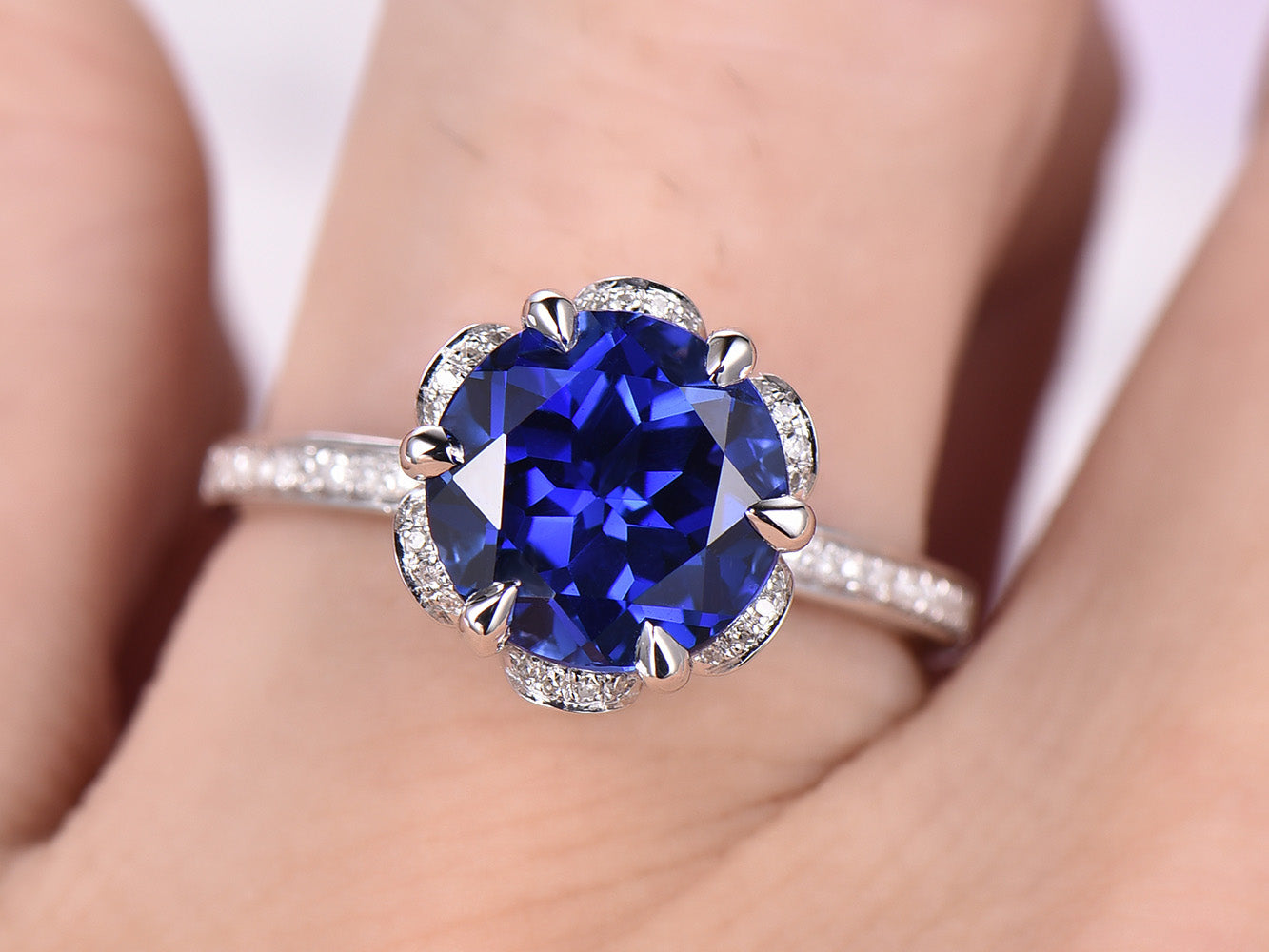 Round Sapphire Diamond Petal Halo Engagement Ring 14K White Gold