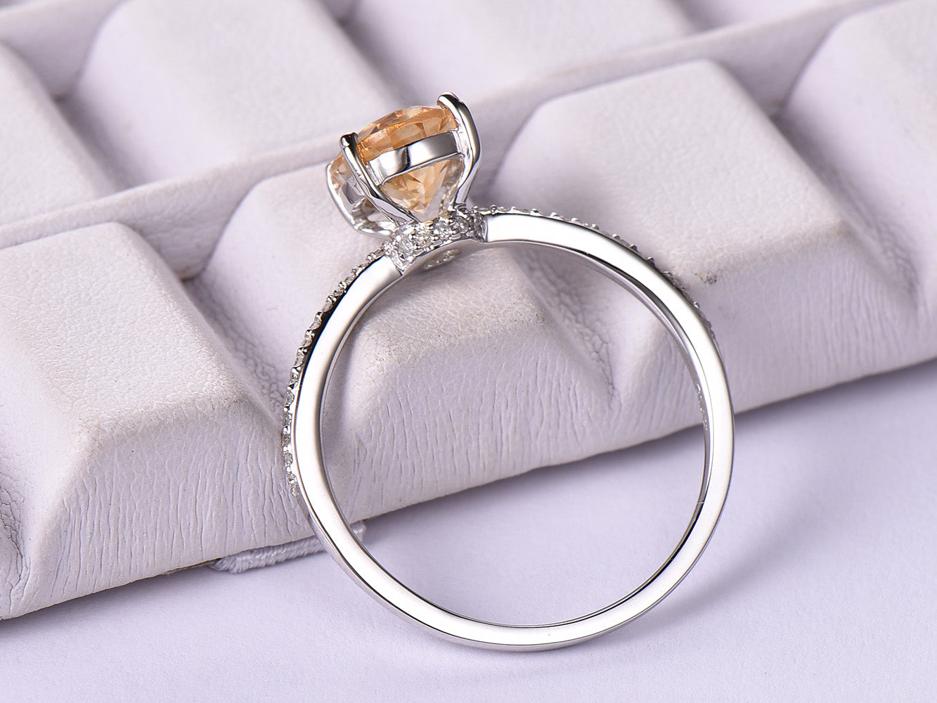 Solitaire Oval Citrine Diamond Engagement Ring 14K White Gold