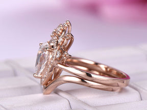 Tiara Diamond Halo Pear Moissanite Ring Plain Chevron Band Bridal Set